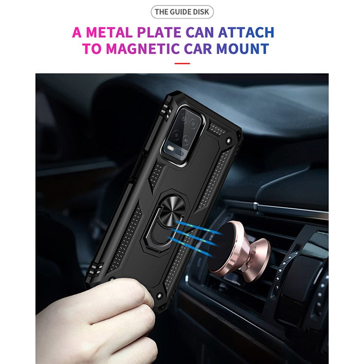 PC + TPU + Metal Hybrid Case Shockproof Phone Cover with Finger Ring Kickstand for Oppo A54 4G - Black