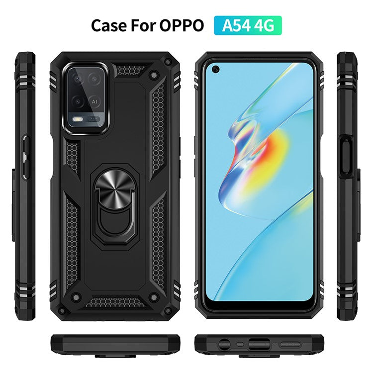 PC + TPU + Metal Hybrid Case Shockproof Phone Cover with Finger Ring Kickstand for Oppo A54 4G - Black