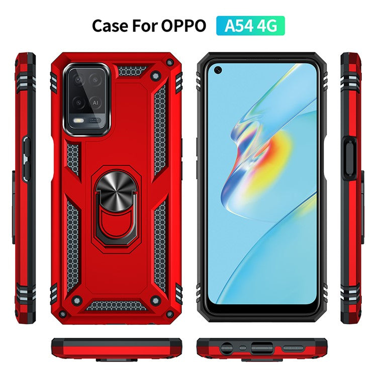 PC + TPU + Metal Hybrid Case Shockproof Phone Cover with Finger Ring Kickstand for Oppo A54 4G - Red