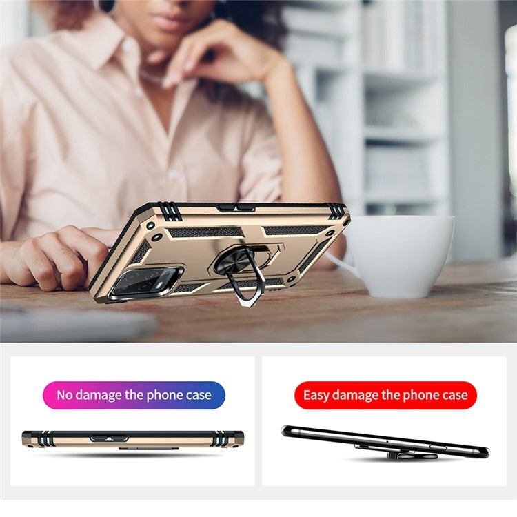 PC + TPU + Metal Hybrid Case Shockproof Phone Cover with Finger Ring Kickstand for Oppo A54 4G - Gold
