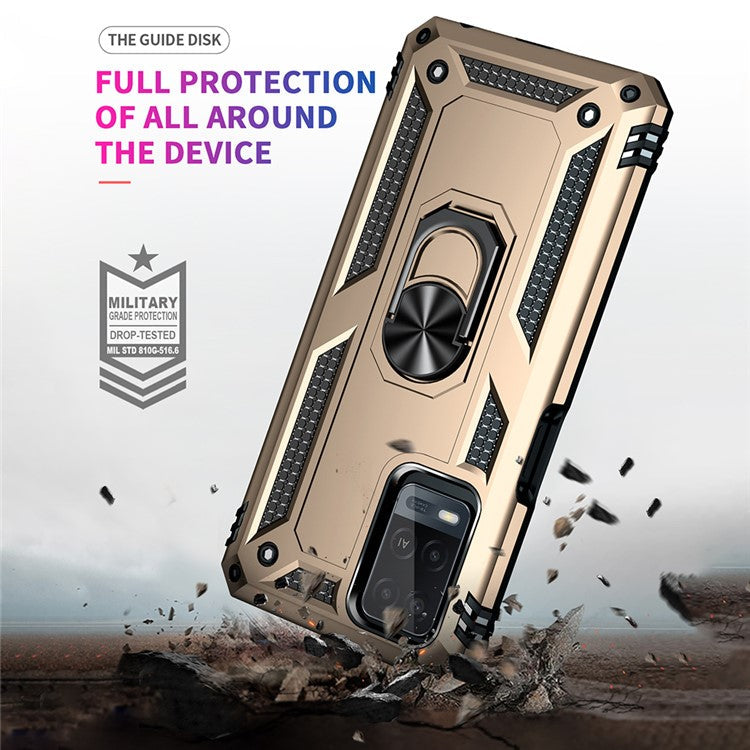 PC + TPU + Metal Hybrid Case Shockproof Phone Cover with Finger Ring Kickstand for Oppo A54 4G - Gold