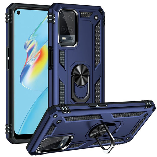 PC + TPU + Metal Hybrid Case Shockproof Phone Cover with Finger Ring Kickstand for Oppo A54 4G - Blue
