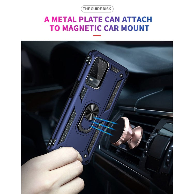 PC + TPU + Metal Hybrid Case Shockproof Phone Cover with Finger Ring Kickstand for Oppo A54 4G - Blue