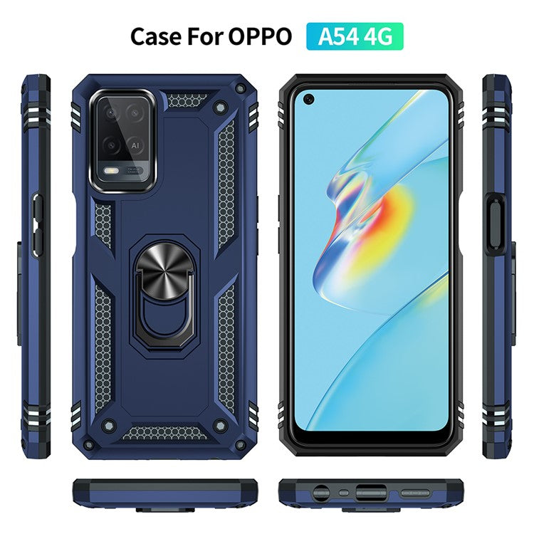 PC + TPU + Metal Hybrid Case Shockproof Phone Cover with Finger Ring Kickstand for Oppo A54 4G - Blue
