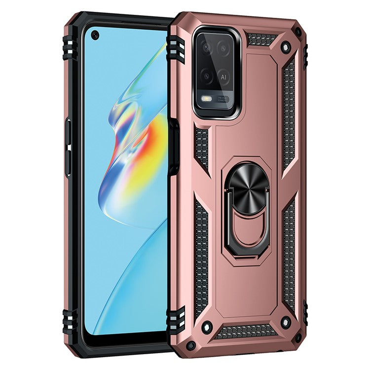 PC + TPU + Metal Hybrid Case Shockproof Phone Cover with Finger Ring Kickstand for Oppo A54 4G - Rose Gold