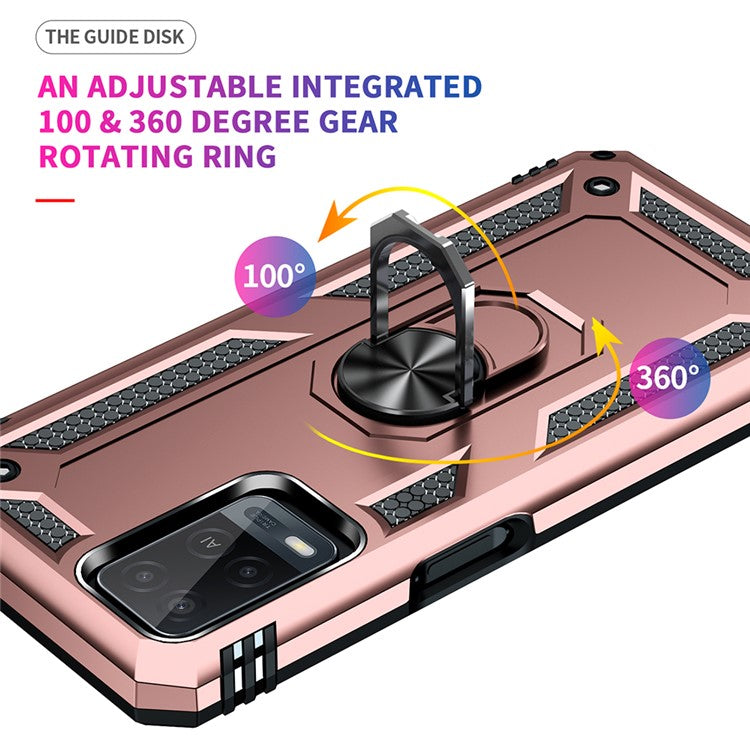 PC + TPU + Metal Hybrid Case Shockproof Phone Cover with Finger Ring Kickstand for Oppo A54 4G - Rose Gold