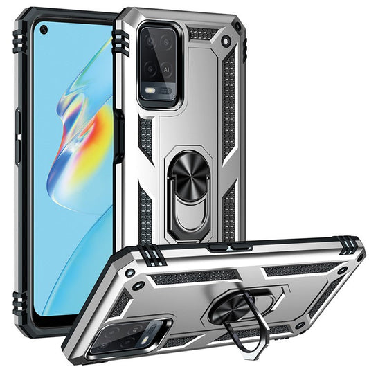 PC + TPU + Metal Hybrid Case Shockproof Phone Cover with Finger Ring Kickstand for Oppo A54 4G - Silver