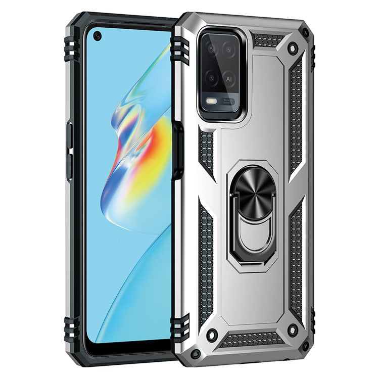 PC + TPU + Metal Hybrid Case Shockproof Phone Cover with Finger Ring Kickstand for Oppo A54 4G - Silver