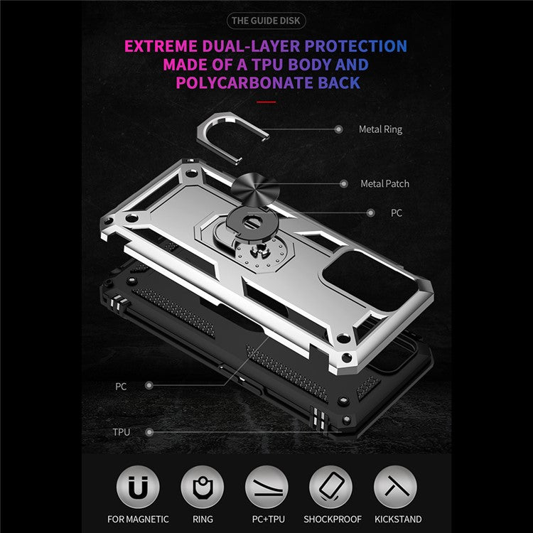 PC + TPU + Metal Hybrid Case Shockproof Phone Cover with Finger Ring Kickstand for Oppo A54 4G - Silver