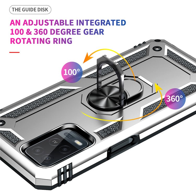 PC + TPU + Metal Hybrid Case Shockproof Phone Cover with Finger Ring Kickstand for Oppo A54 4G - Silver