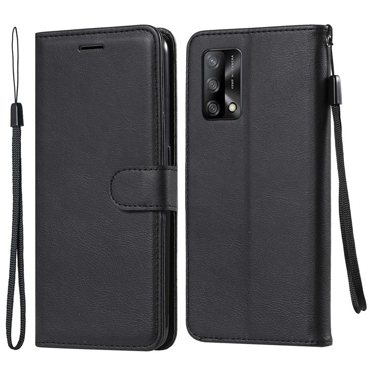 KT Leather Series-2 Plain Wallet Leather Phone Stand Shell with Strap for Oppo A74 4G/F19 4G - Black