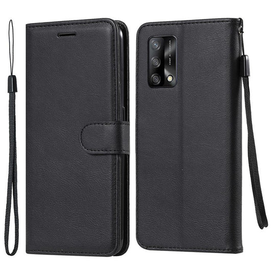 KT Leather Series-2 Plain Wallet Leather Phone Stand Shell with Strap for Oppo A74 4G/F19 4G - Black