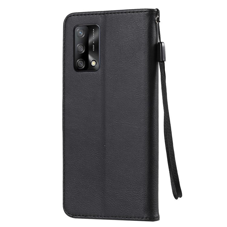 KT Leather Series-2 Plain Wallet Leather Phone Stand Shell with Strap for Oppo A74 4G/F19 4G - Black