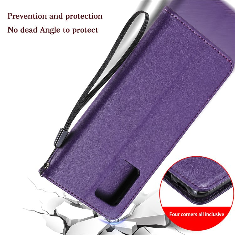 KT Leather Series-2 Plain Wallet Leather Phone Stand Shell with Strap for Oppo A74 4G/F19 4G - Purple