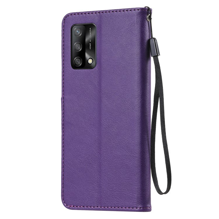 KT Leather Series-2 Plain Wallet Leather Phone Stand Shell with Strap for Oppo A74 4G/F19 4G - Purple