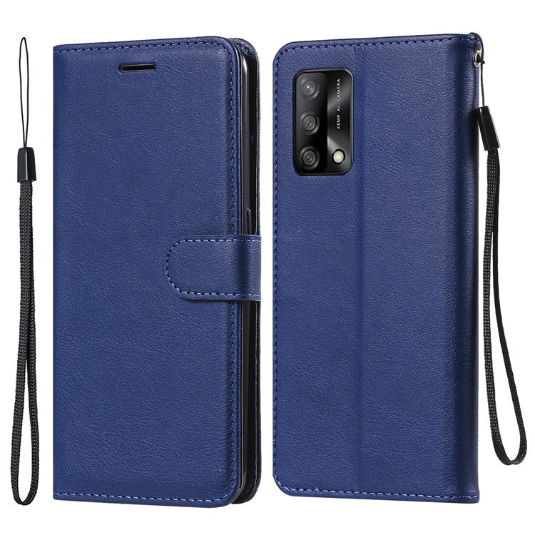 KT Leather Series-2 Plain Wallet Leather Phone Stand Shell with Strap for Oppo A74 4G/F19 4G - Blue