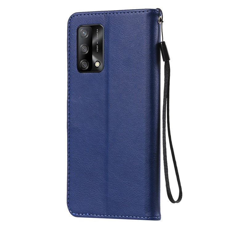 KT Leather Series-2 Plain Wallet Leather Phone Stand Shell with Strap for Oppo A74 4G/F19 4G - Blue
