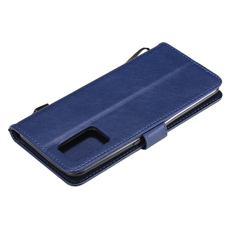 KT Leather Series-2 Plain Wallet Leather Phone Stand Shell with Strap for Oppo A74 4G/F19 4G - Blue