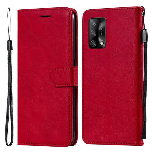 KT Leather Series-2 Plain Wallet Leather Phone Stand Shell with Strap for Oppo A74 4G/F19 4G - Red