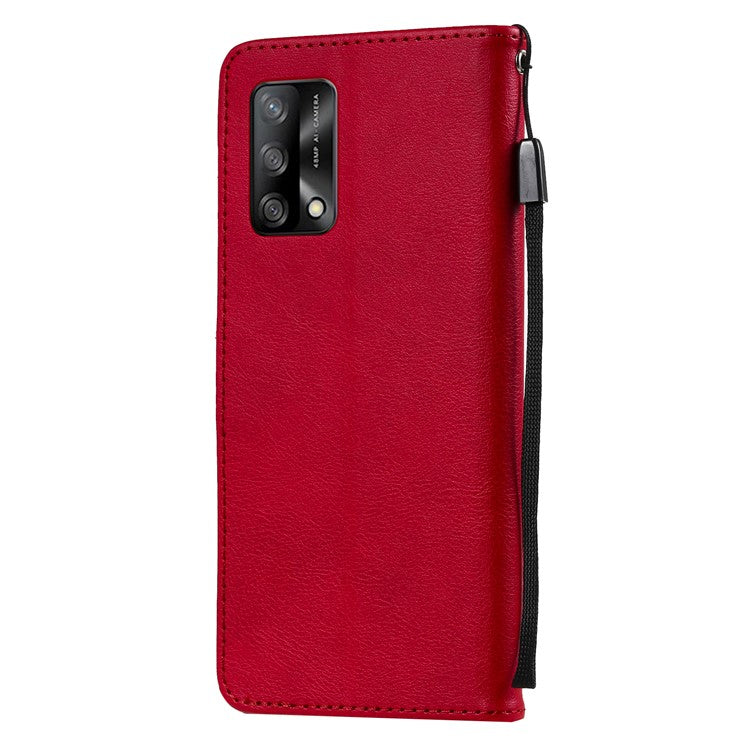 KT Leather Series-2 Plain Wallet Leather Phone Stand Shell with Strap for Oppo A74 4G/F19 4G - Red