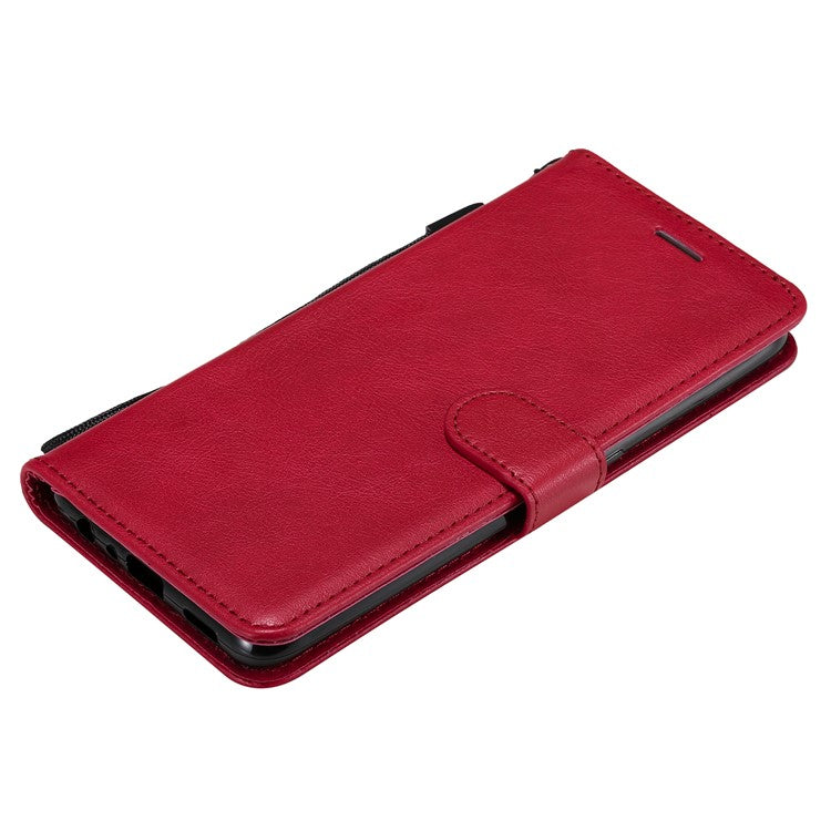 KT Leather Series-2 Plain Wallet Leather Phone Stand Shell with Strap for Oppo A74 4G/F19 4G - Red