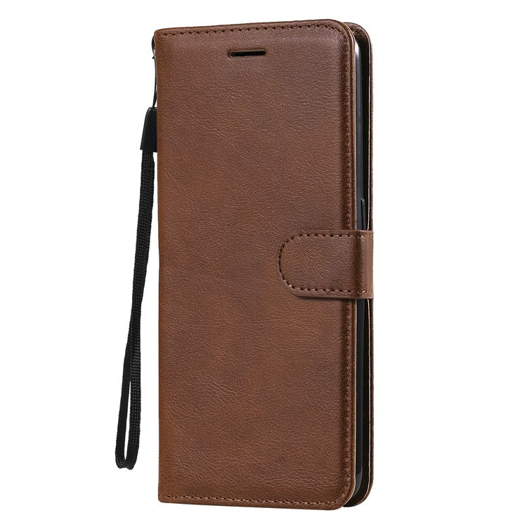 KT Leather Series-2 Plain Wallet Leather Phone Stand Shell with Strap for Oppo A74 4G/F19 4G - Brown