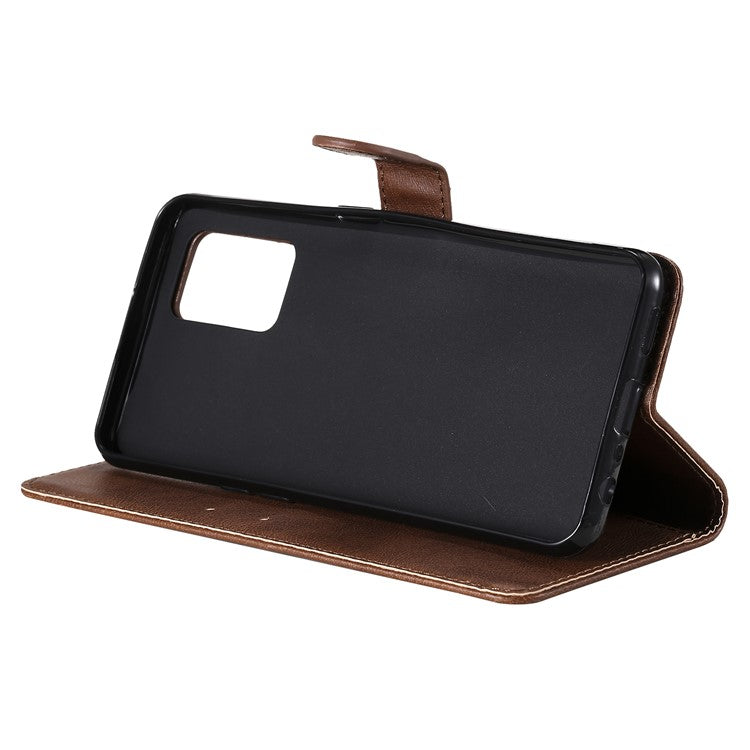 KT Leather Series-2 Plain Wallet Leather Phone Stand Shell with Strap for Oppo A74 4G/F19 4G - Brown