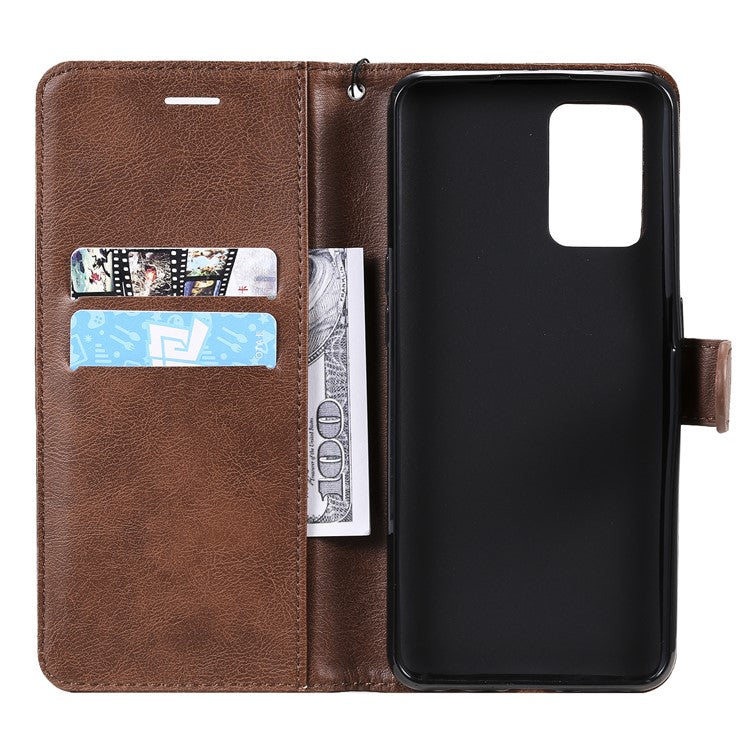 KT Leather Series-2 Plain Wallet Leather Phone Stand Shell with Strap for Oppo A74 4G/F19 4G - Brown