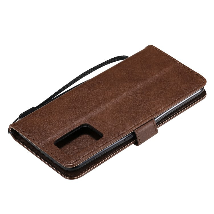 KT Leather Series-2 Plain Wallet Leather Phone Stand Shell with Strap for Oppo A74 4G/F19 4G - Brown