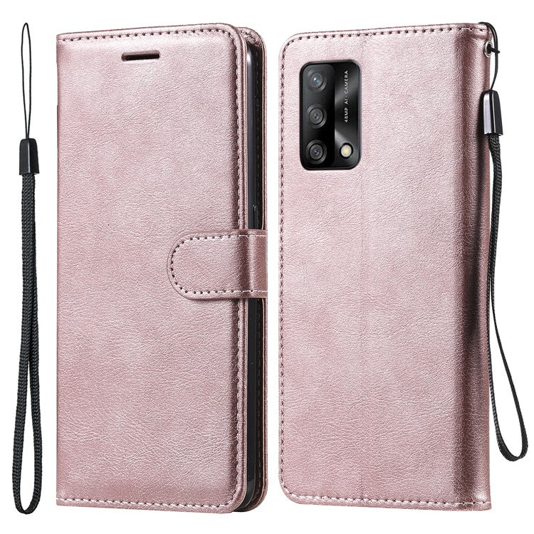 KT Leather Series-2 Plain Wallet Leather Phone Stand Shell with Strap for Oppo A74 4G/F19 4G - Rose Gold