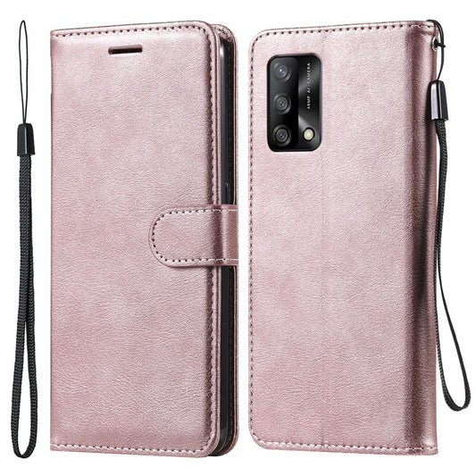 KT Leather Series-2 Plain Wallet Leather Phone Stand Shell with Strap for Oppo A74 4G/F19 4G - Rose Gold