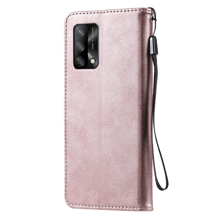 KT Leather Series-2 Plain Wallet Leather Phone Stand Shell with Strap for Oppo A74 4G/F19 4G - Rose Gold