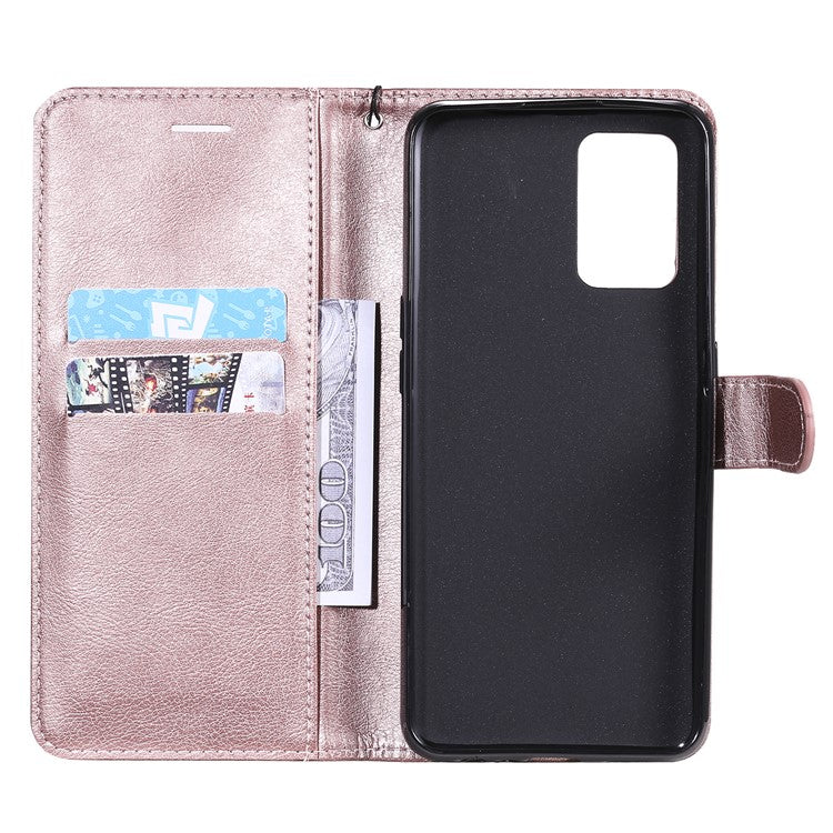 KT Leather Series-2 Plain Wallet Leather Phone Stand Shell with Strap for Oppo A74 4G/F19 4G - Rose Gold