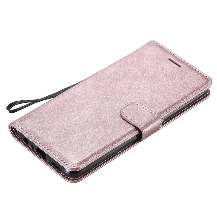 KT Leather Series-2 Plain Wallet Leather Phone Stand Shell with Strap for Oppo A74 4G/F19 4G - Rose Gold