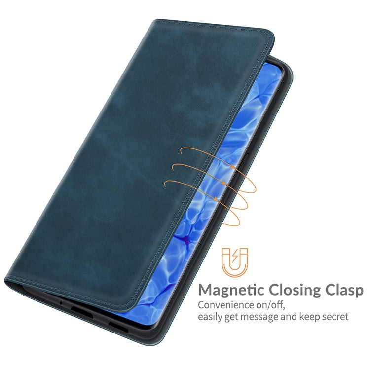 Skin-touch Feeling Strong Magnet Folio Wallet Protective Phone Case for Oppo Reno6 Pro+ 5G/Pro 5G (Snapdragon) - Blue