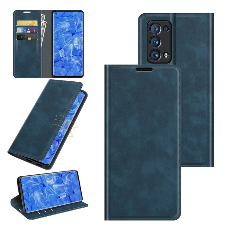 Skin-touch Feeling Strong Magnet Folio Wallet Protective Phone Case for Oppo Reno6 Pro+ 5G/Pro 5G (Snapdragon) - Blue
