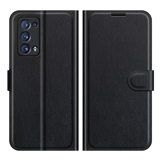 Litchi Texture Leather Wallet Phone Case Protector with Stand for Oppo Reno6 Pro+ 5G/Pro 5G (Snapdragon) - Black