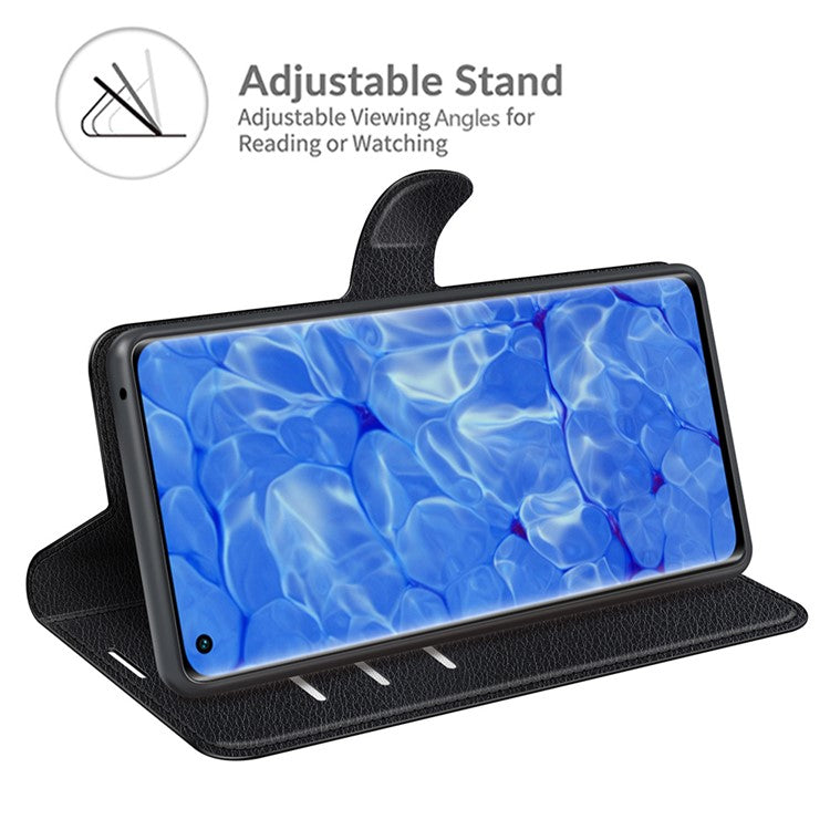 Litchi Texture Leather Wallet Phone Case Protector with Stand for Oppo Reno6 Pro+ 5G/Pro 5G (Snapdragon) - Black