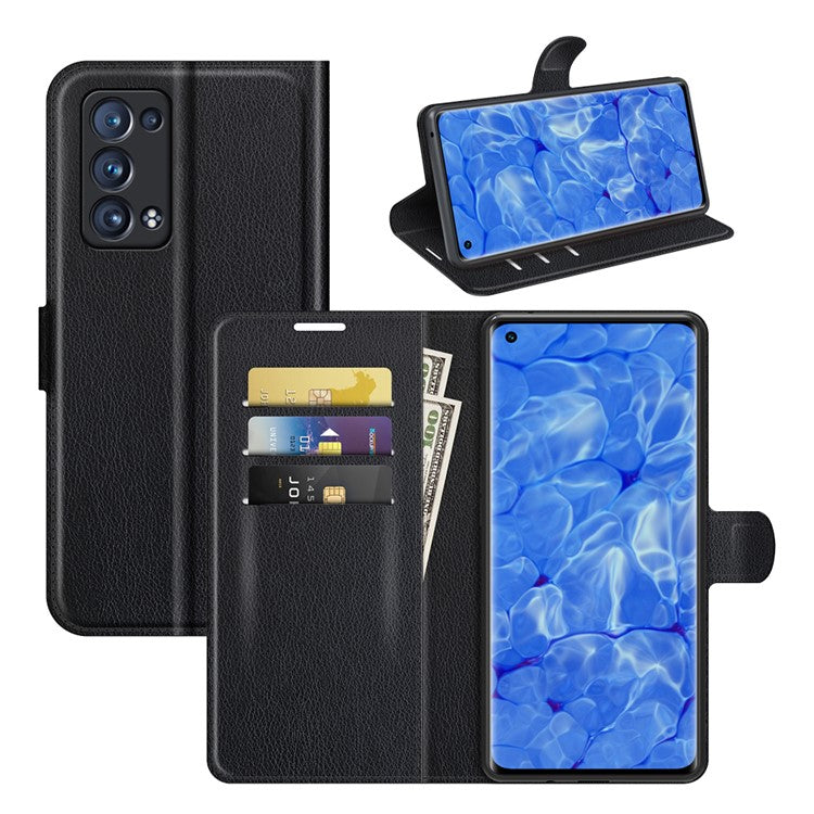 Litchi Texture Leather Wallet Phone Case Protector with Stand for Oppo Reno6 Pro+ 5G/Pro 5G (Snapdragon) - Black