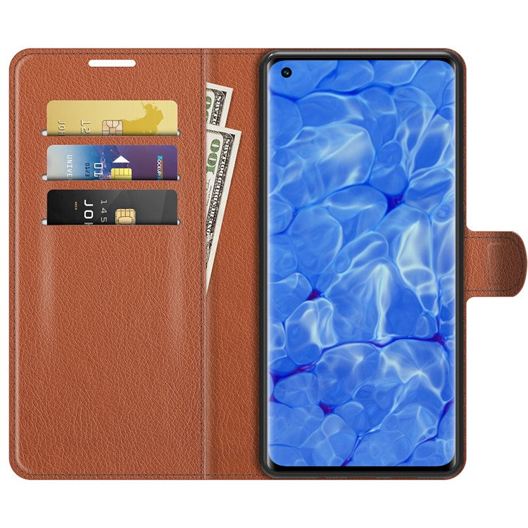 Litchi Texture Leather Wallet Phone Case Protector with Stand for Oppo Reno6 Pro+ 5G/Pro 5G (Snapdragon) - Brown