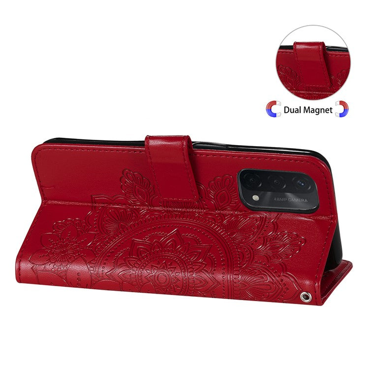 PU Leather Imprint Flowers Pattern Wallet Phone Stand Case with Lanyard for Oppo A93 5G (Chinese Version)/A74 5G/A54 5G - Red
