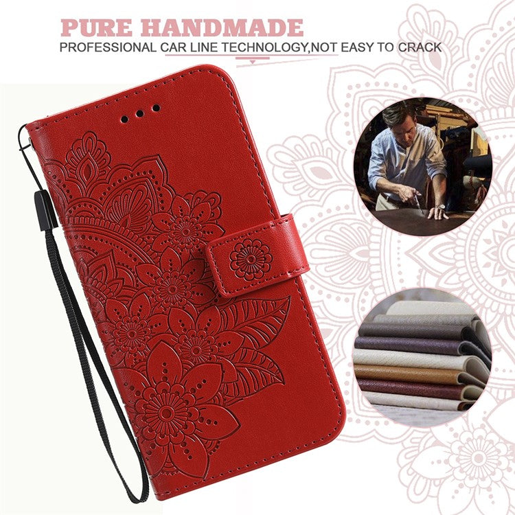 PU Leather Imprint Flowers Pattern Wallet Phone Stand Case with Lanyard for Oppo A93 5G (Chinese Version)/A74 5G/A54 5G - Red
