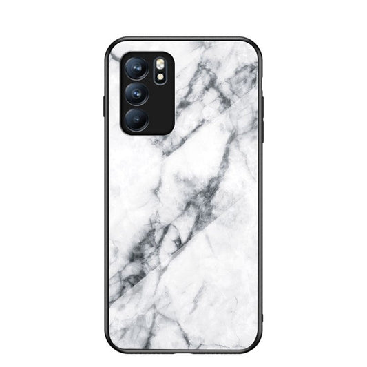 Marbling Pattern Tempered Glass Shock-Proof Cell Phone Cover for Oppo Reno6 5G - White Marble