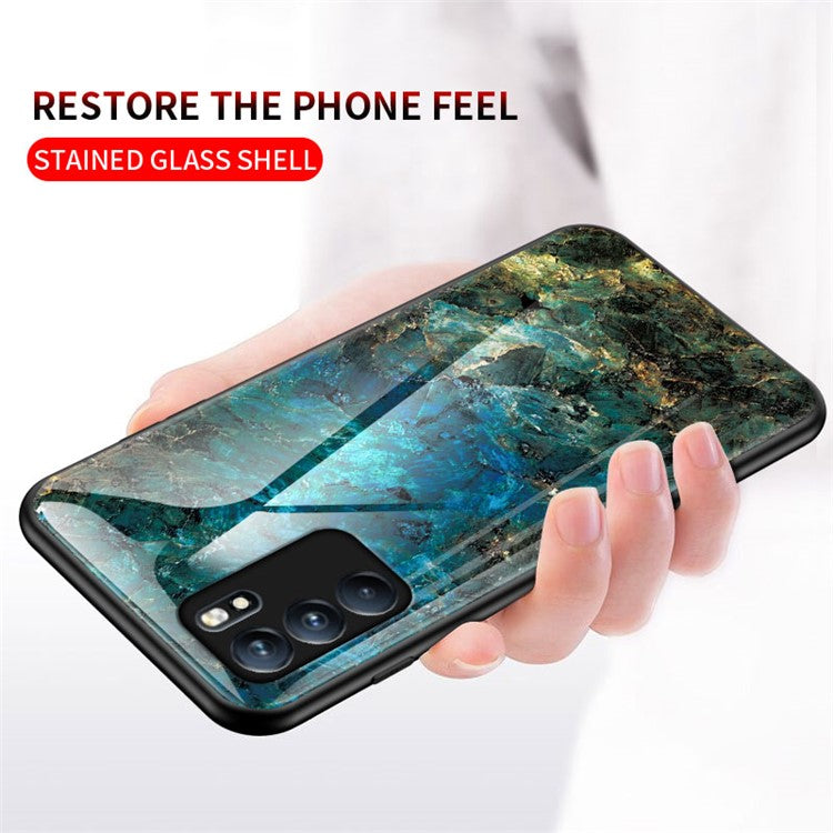 Marbling Pattern Tempered Glass Shock-Proof Cell Phone Cover for Oppo Reno6 5G - White Marble