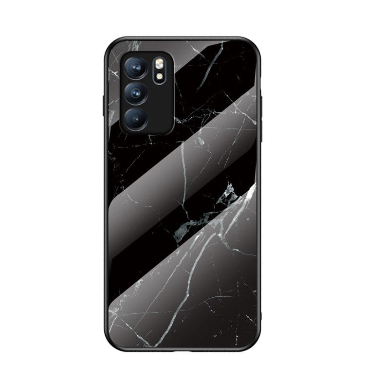 Marbling Pattern Tempered Glass Shock-Proof Cell Phone Cover for Oppo Reno6 5G - Black Marble
