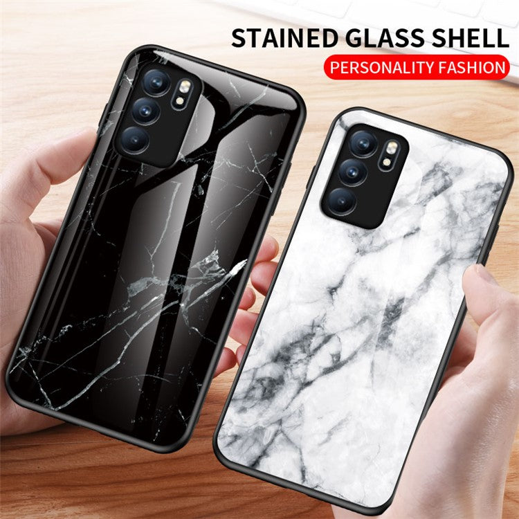Marbling Pattern Tempered Glass Shock-Proof Cell Phone Cover for Oppo Reno6 5G - Black Marble