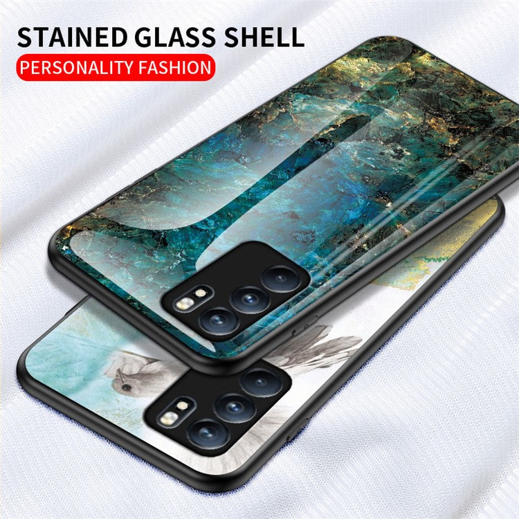 Marbling Pattern Tempered Glass Shock-Proof Cell Phone Cover for Oppo Reno6 5G - Black Marble