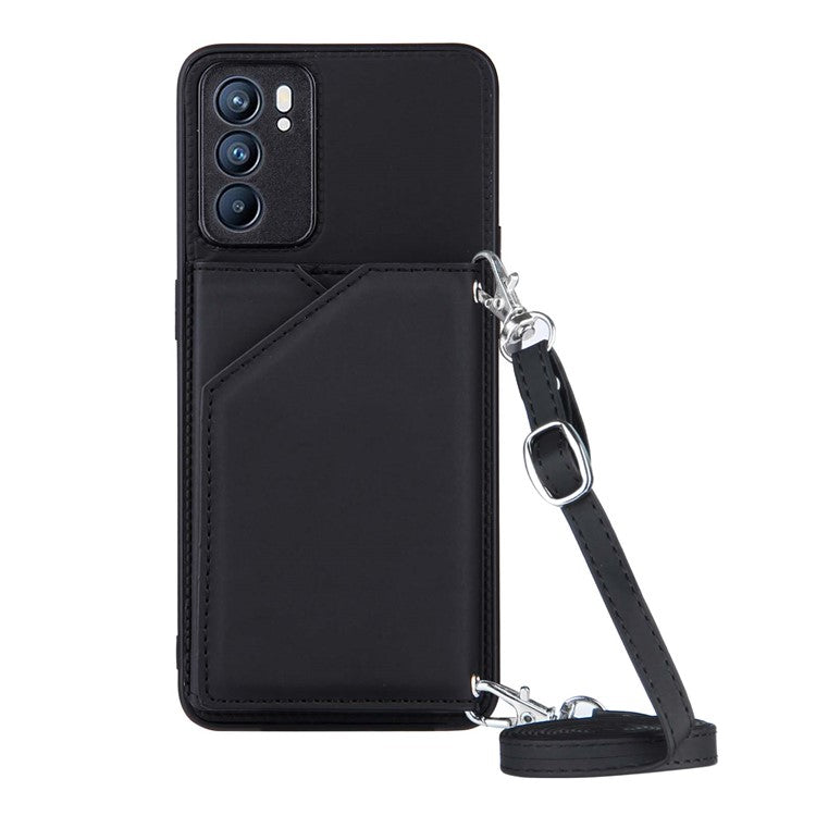 Leather Phone Stand Case with Multiple Back Card Slots + Shoulder Strap for Oppo Reno6 5G - Black