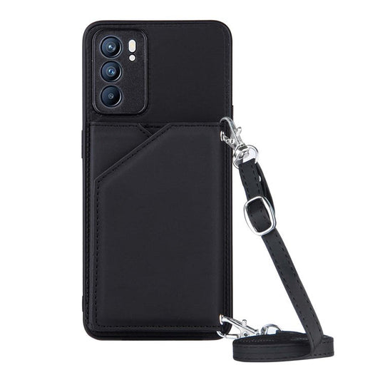 Leather Phone Stand Case with Multiple Back Card Slots + Shoulder Strap for Oppo Reno6 5G - Black