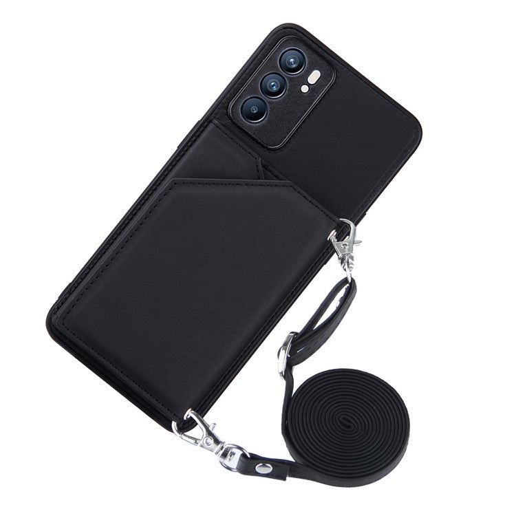 Leather Phone Stand Case with Multiple Back Card Slots + Shoulder Strap for Oppo Reno6 5G - Black